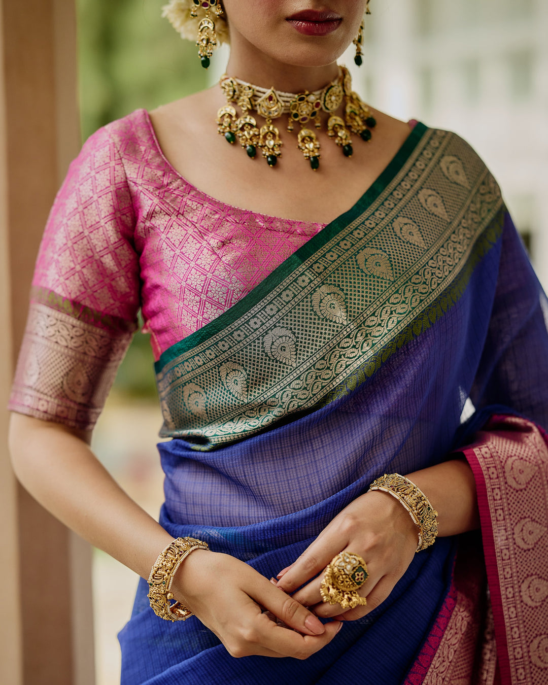 Regal Blue Pink Doria Butta Border Saree