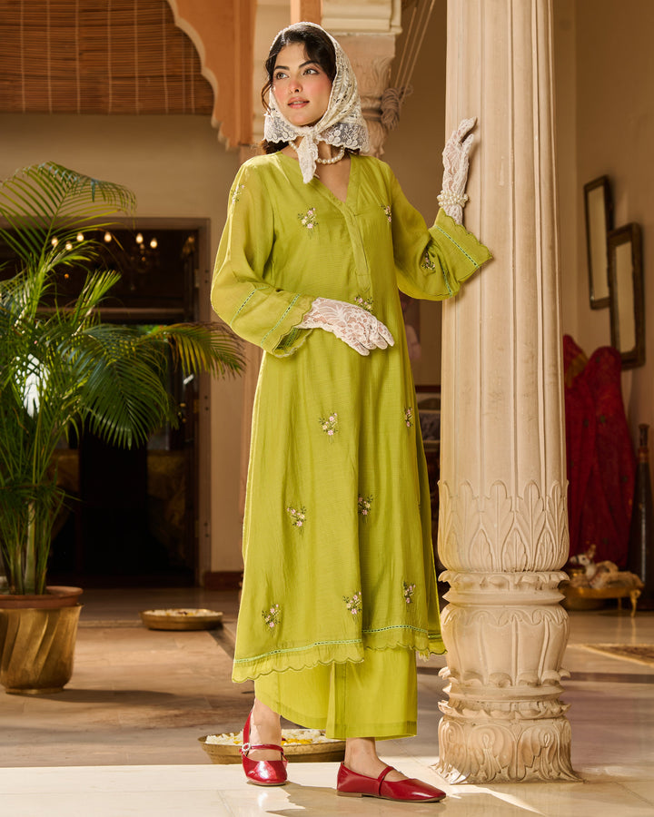 Nino Green Embroidered Cotton Checks Kurta Set
