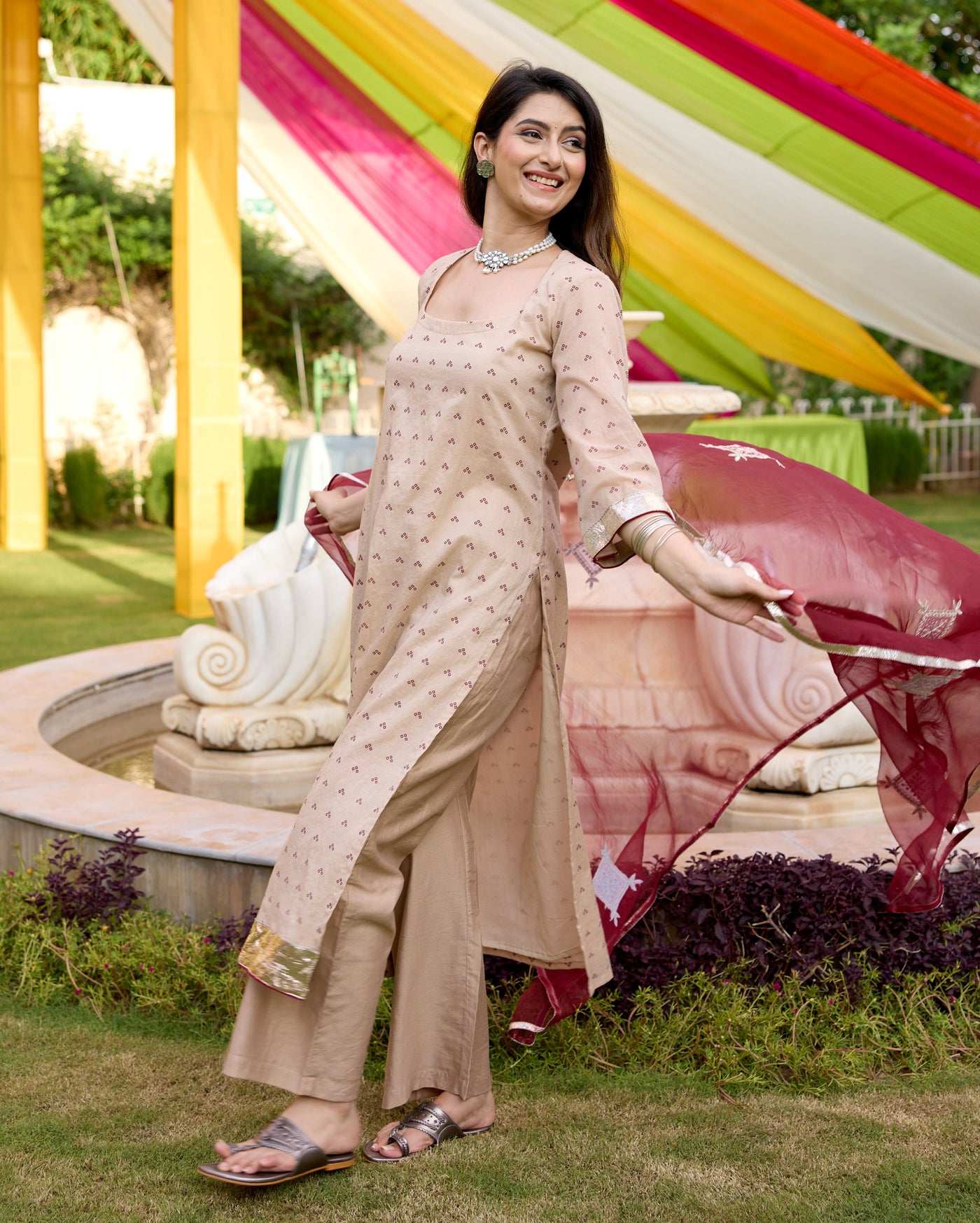 Kriti Beige Bandhani Chanderi Suit Set