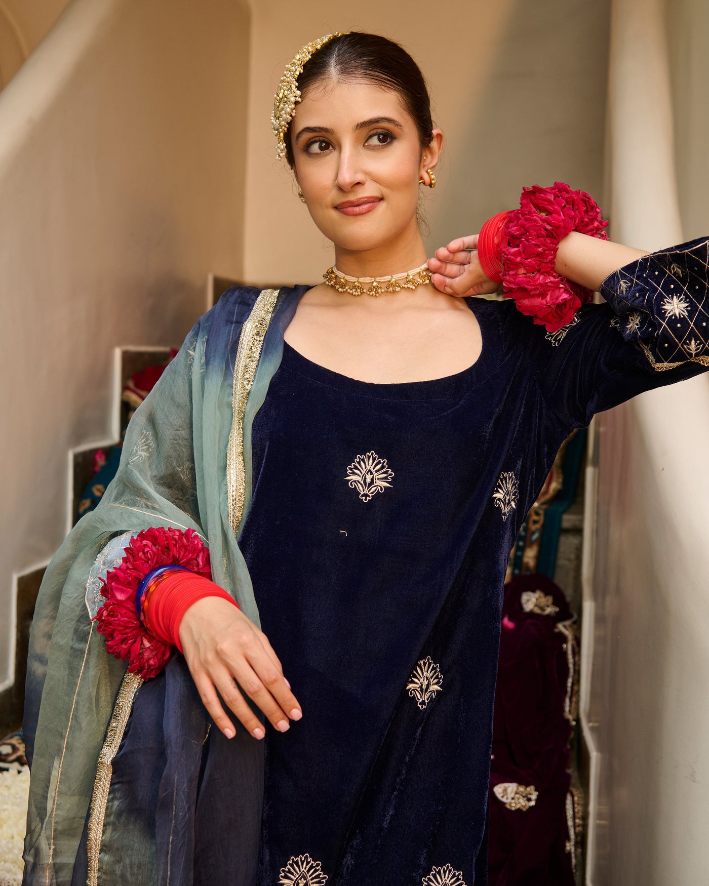 Rayan Blue Embroidered Velvet Suit Set