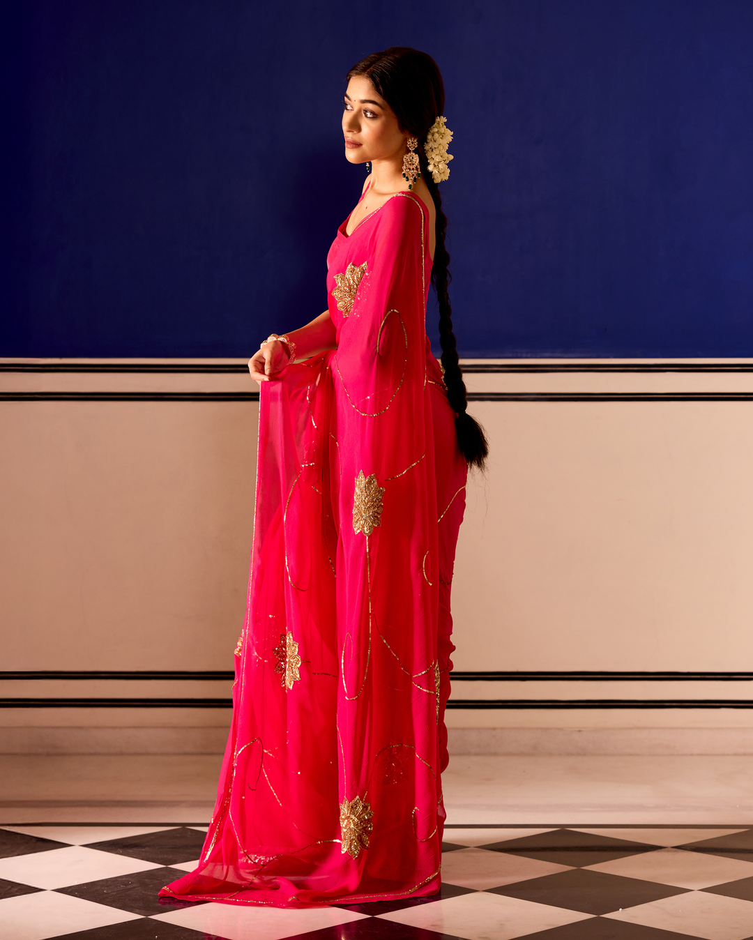 Lavanya Pink Handcrafted Chiffon Saree