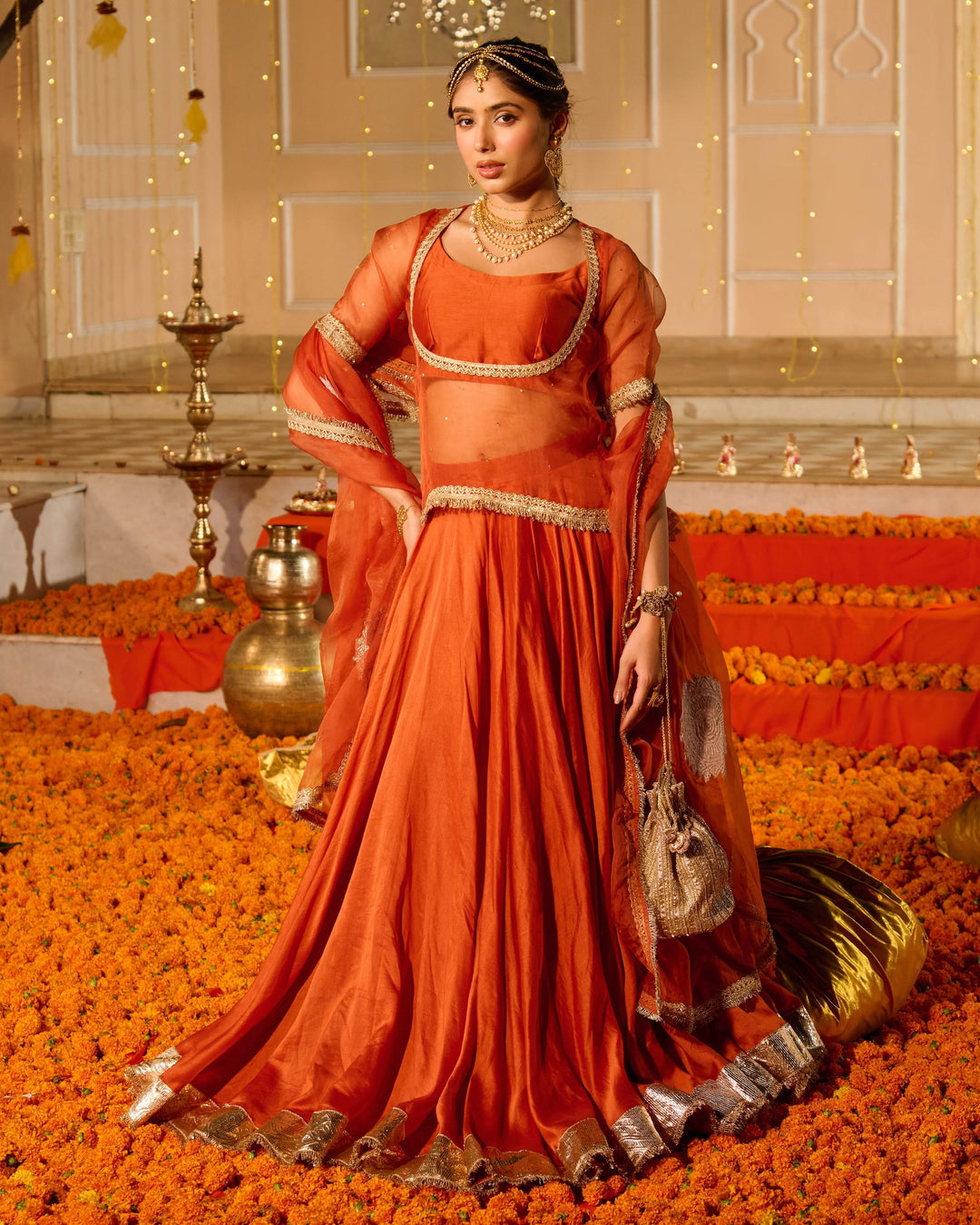 Deepa Orange Solid Chanderi Lehenga Set