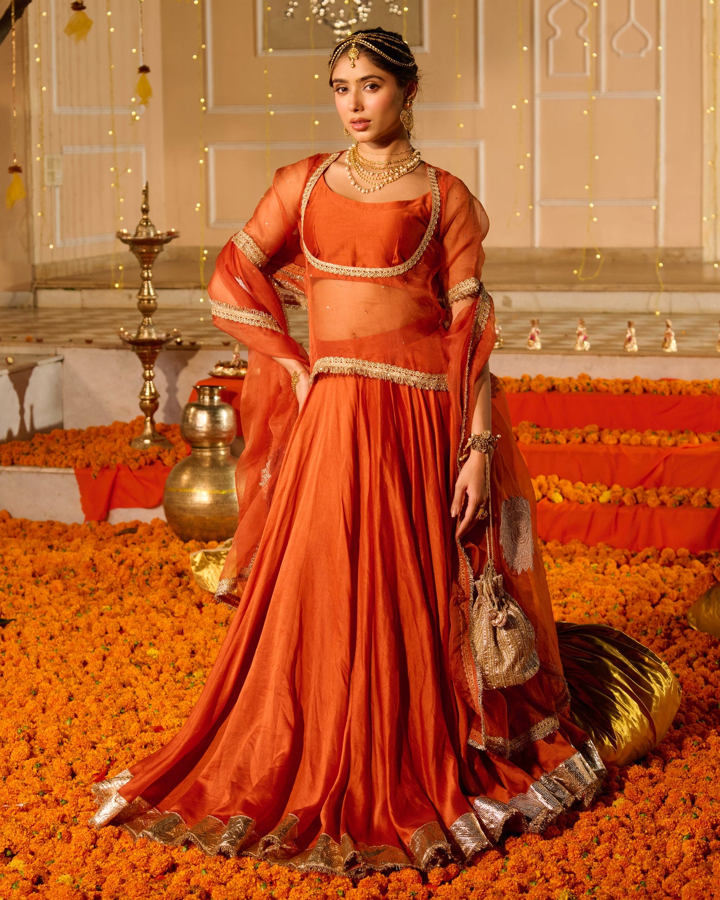 Deepa Orange Solid Chanderi Lehenga Set