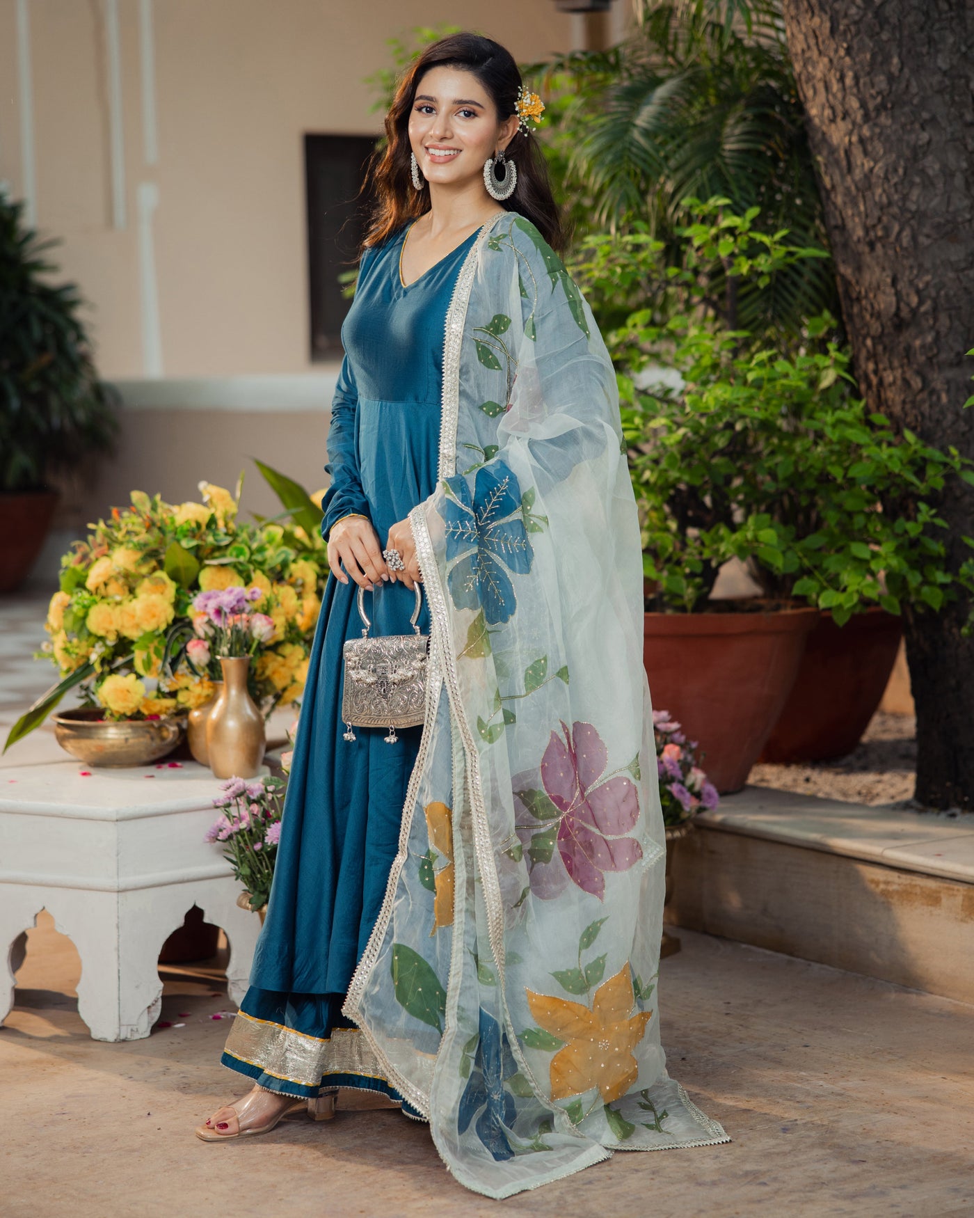 Neelkamal Teal Blue Handpainted Chanderi Suit Set