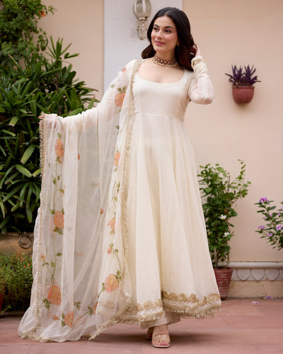 Gulnaar Off White Handpainted Chanderi Suit Set