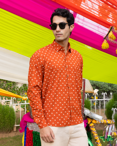 Sharvik Orange Bandhani Cotton Shirt