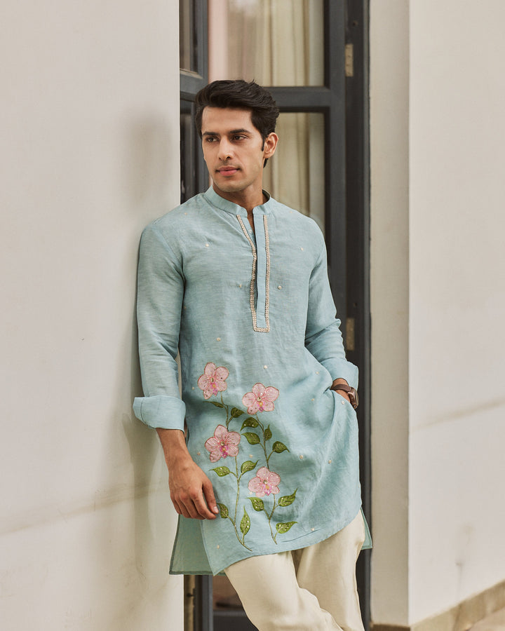 Zevran Blue Handpainted Silk Kurta