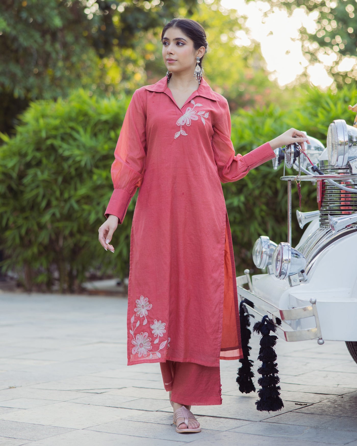Tool Red Embroidered Chanderi Kurta Set