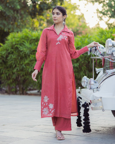 Tool Red Embroidered Chanderi Kurta Set