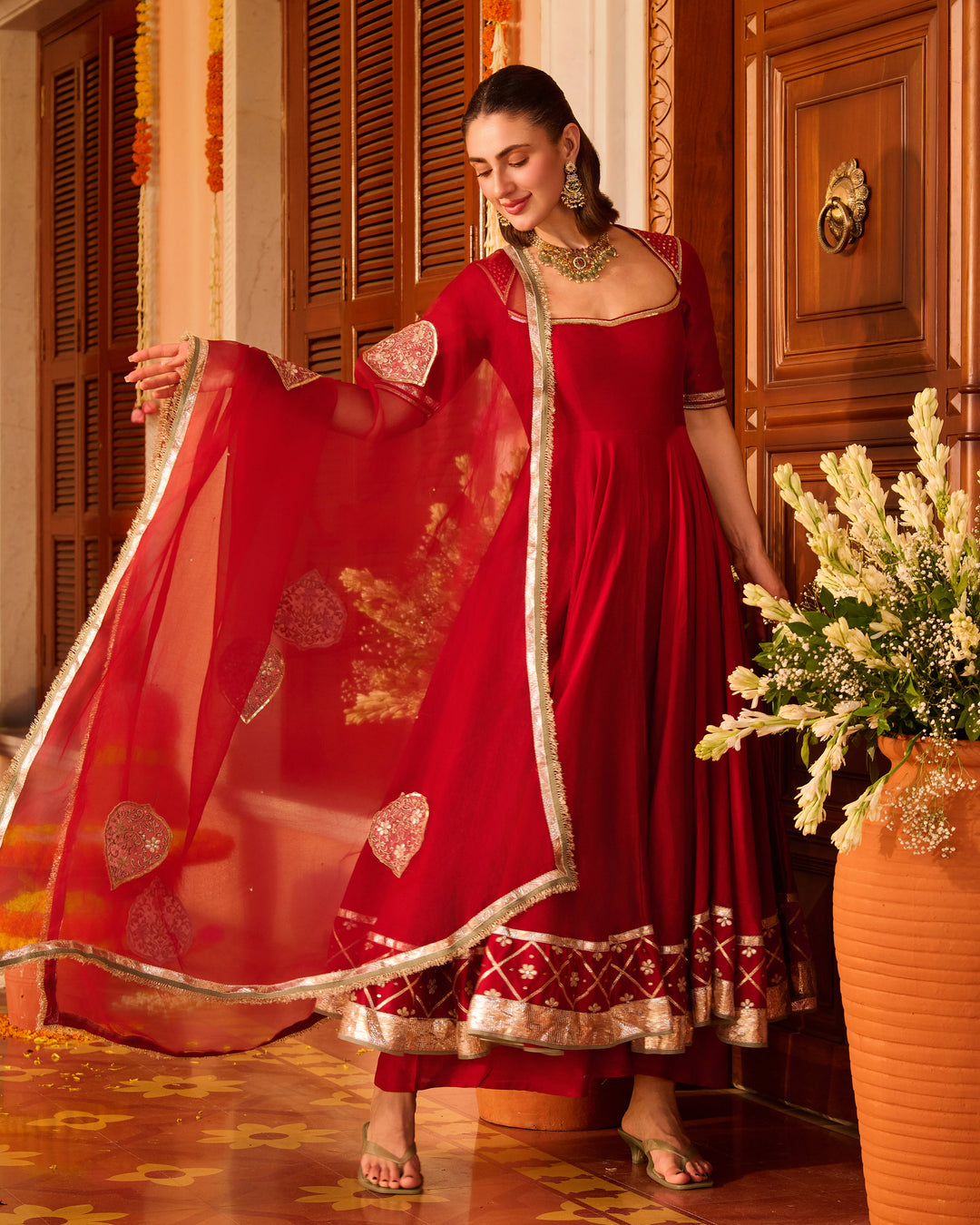 Karwa Red Embroidered Chanderi Suit Set