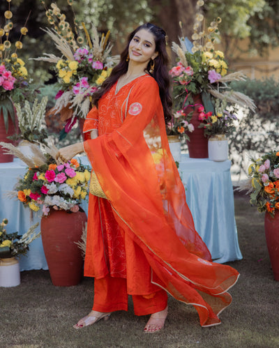 Saumya Orange Bandhani Chanderi Suit Set