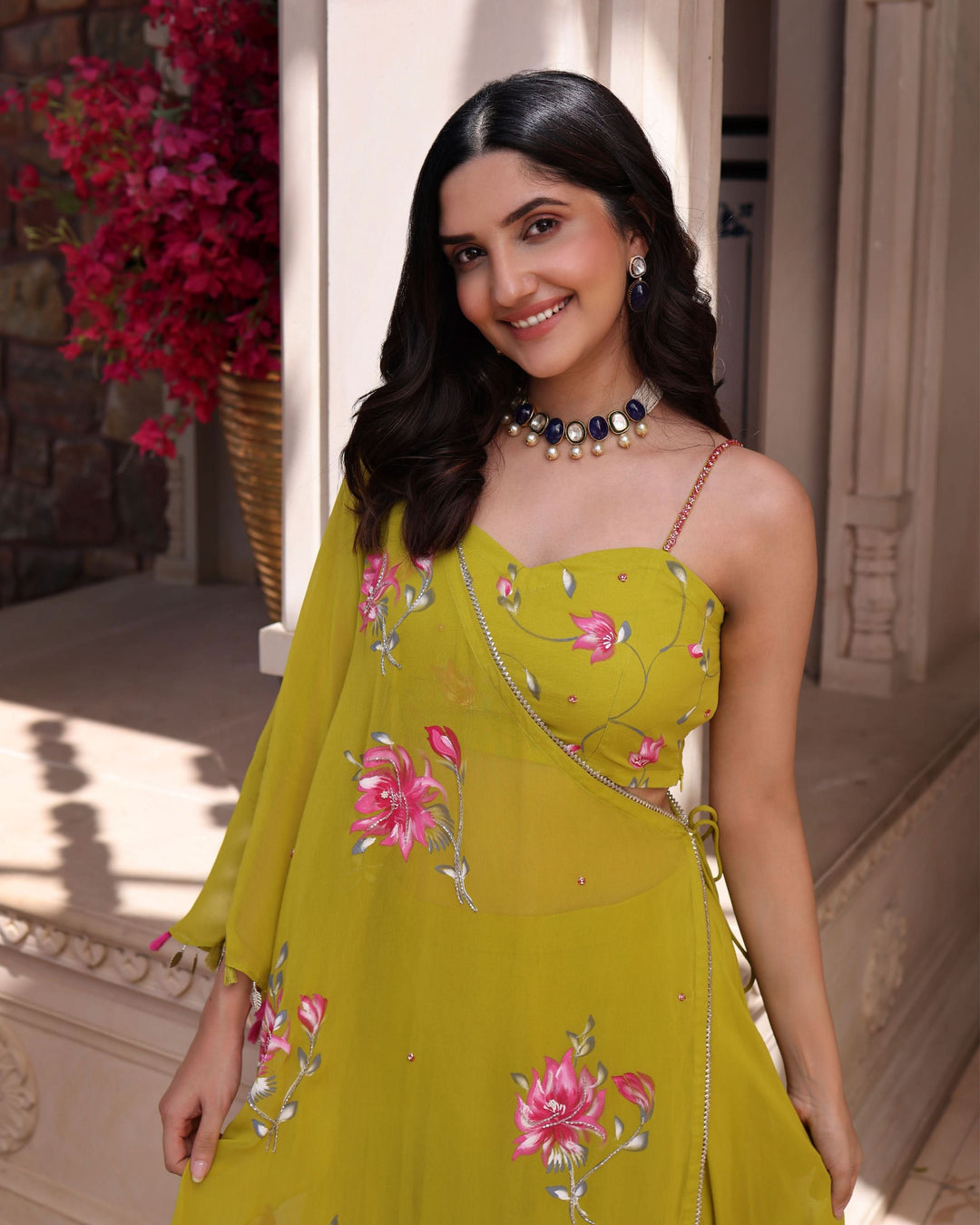 Cyber Lime Floral Handpainted Georgette Fusion Wear