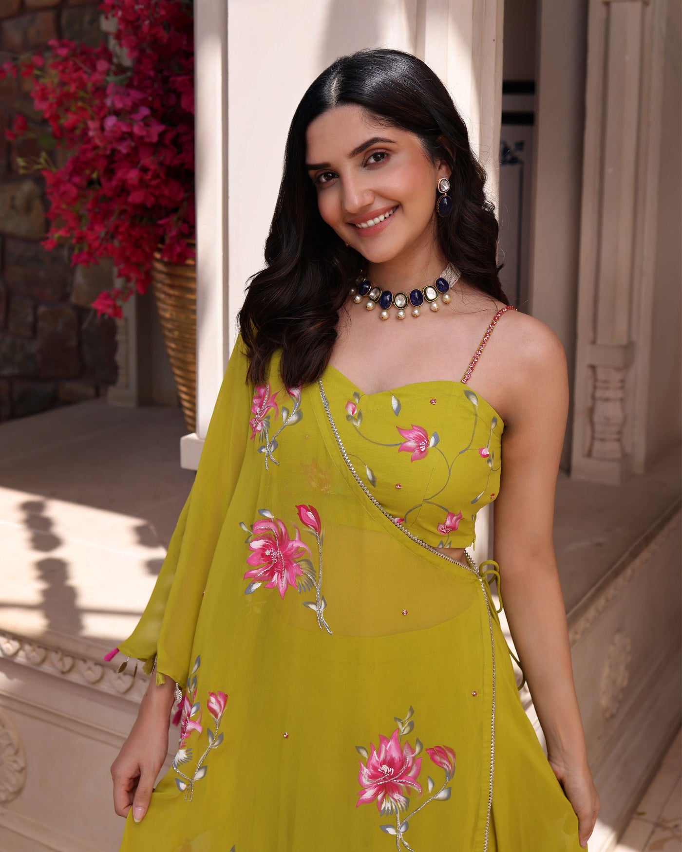 Cyber Lime Floral Handpainted Georgette Fusion Wear