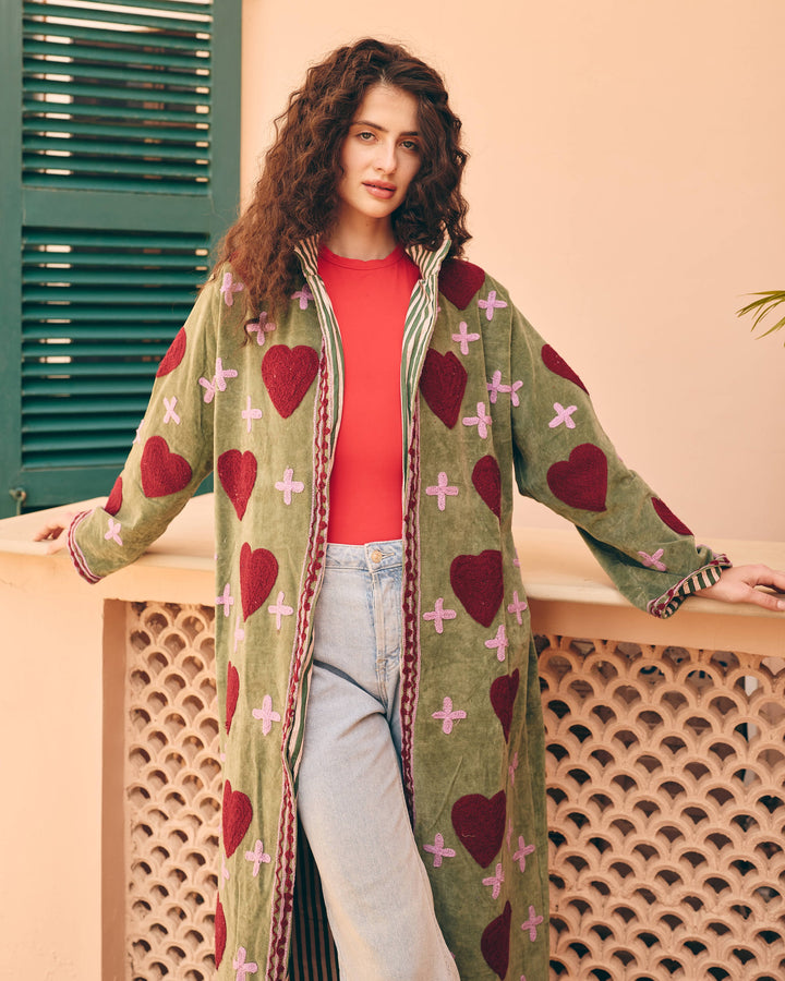 Verdant Sage Green Velvet Suzani Jacket