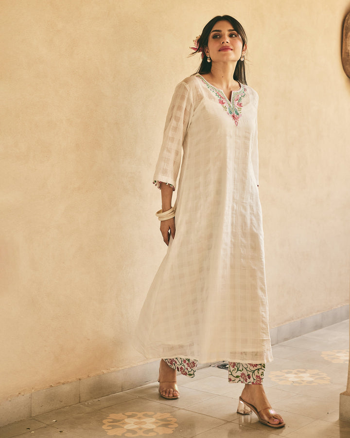 Leon White Big Checks Kurta Set