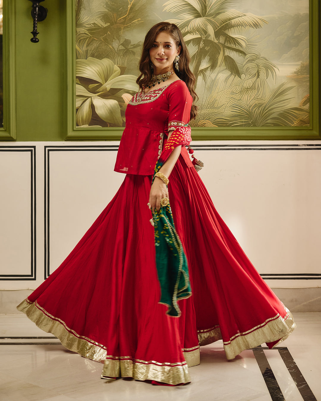 Anuroop Red Embroidered Chanderi Lehenga Set