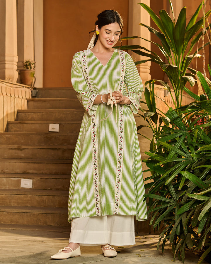 Camille Green Printed Cotton Stripes Kurta Set
