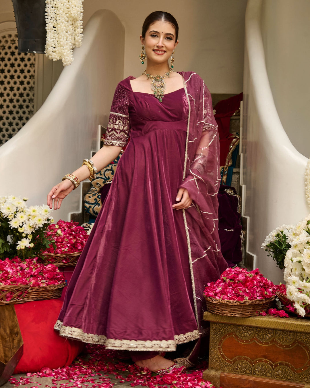 Terri Mauve Embroidered Velvet Suit Set