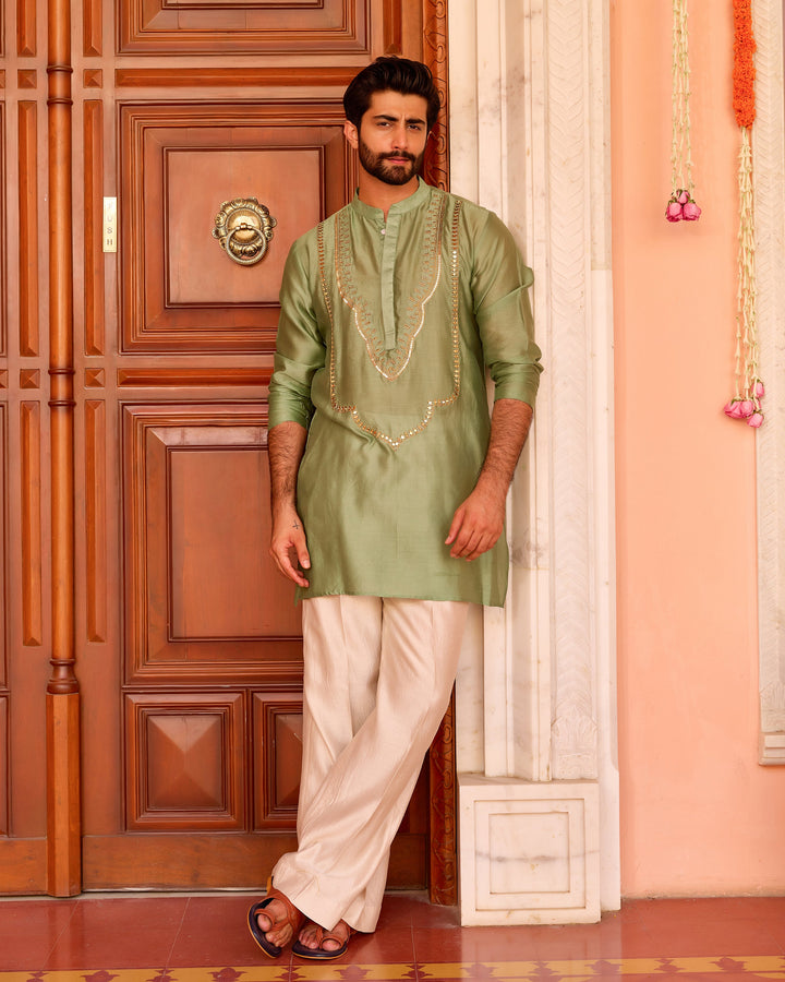 Trilok Sage Chanderi Embroidered Kurta