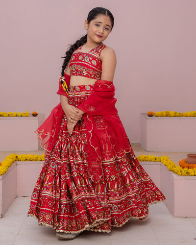 Nashra Red Printed Chanderi Lehenga Set