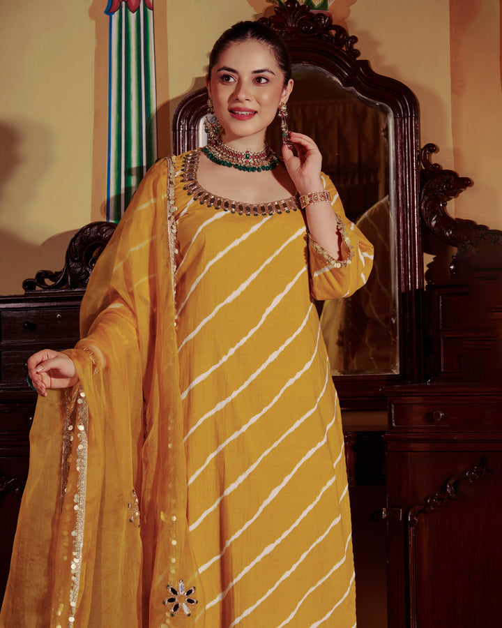Rishi Yellow Leheriya Cotton Suit Set