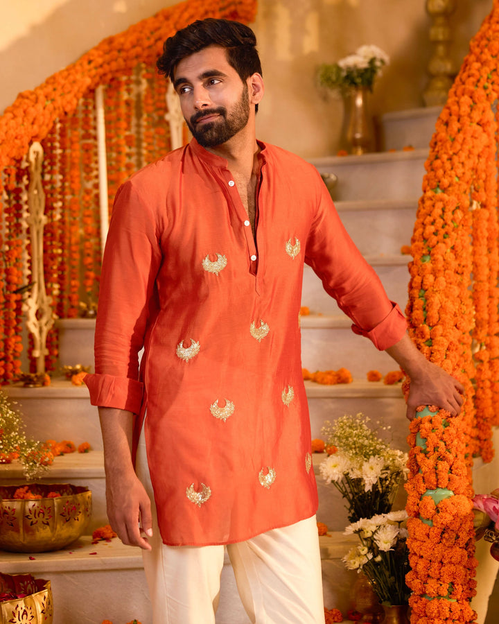 Ratnav Orange Embroidered Chanderi Kurta