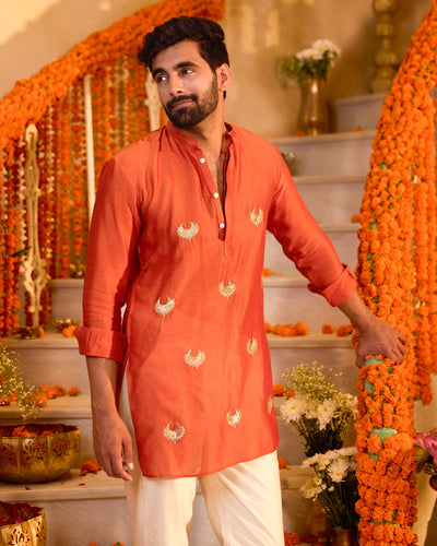 Ratnav Orange Embroidered Chanderi Kurta