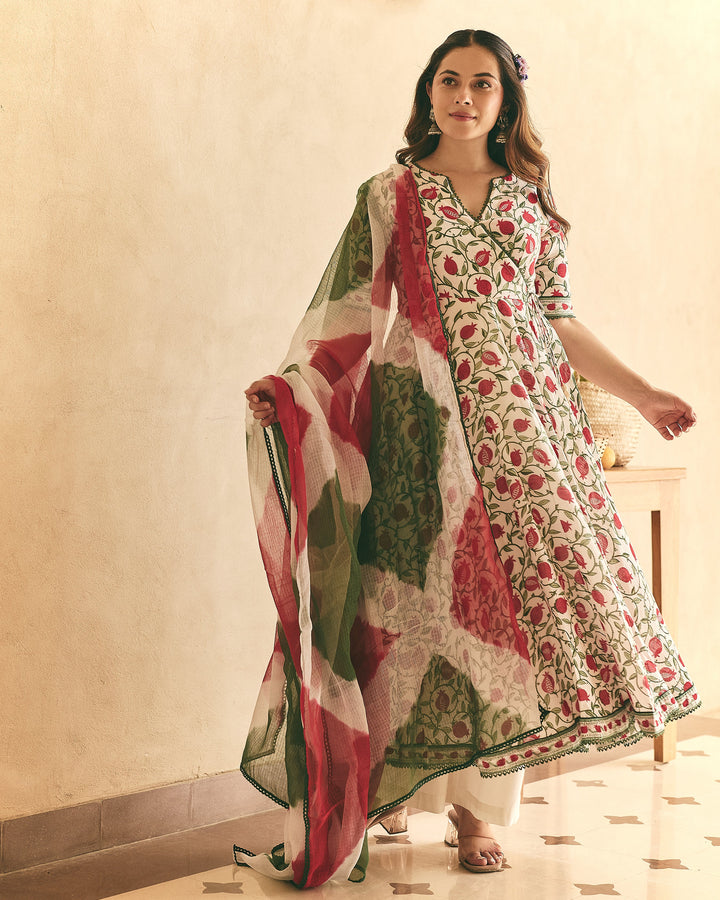 Yulia White Cotton Crush Printed Suit Set