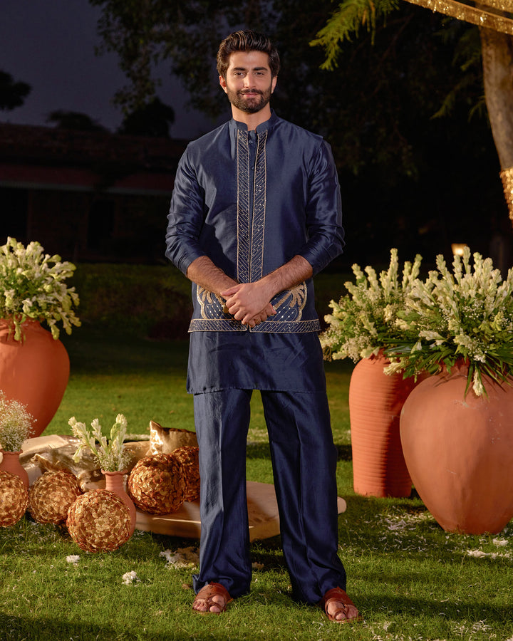 Vishnu Navy Chanderi Embroidered Jacket And Kurta Set