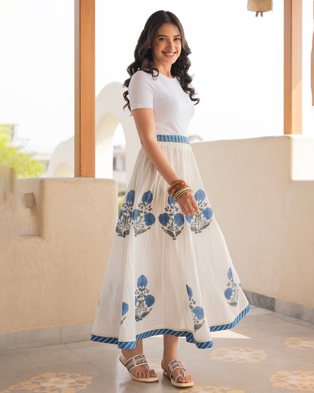 Ruhira Off White Printed Cotton Skirt
