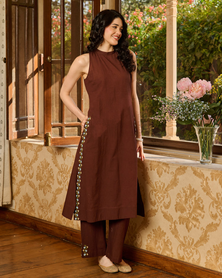 Alora Brown Embroidered Cotton Kurta Set