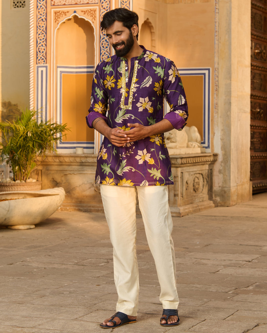 Yuvraj Purple Printed Chanderi Kurta