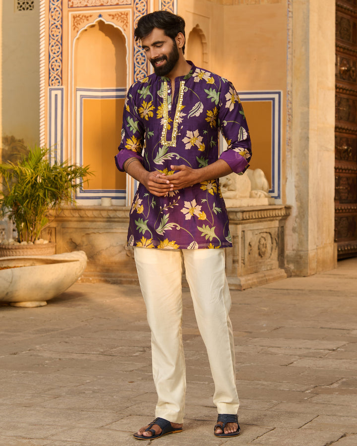 Yuvraj Purple Printed Chanderi Kurta