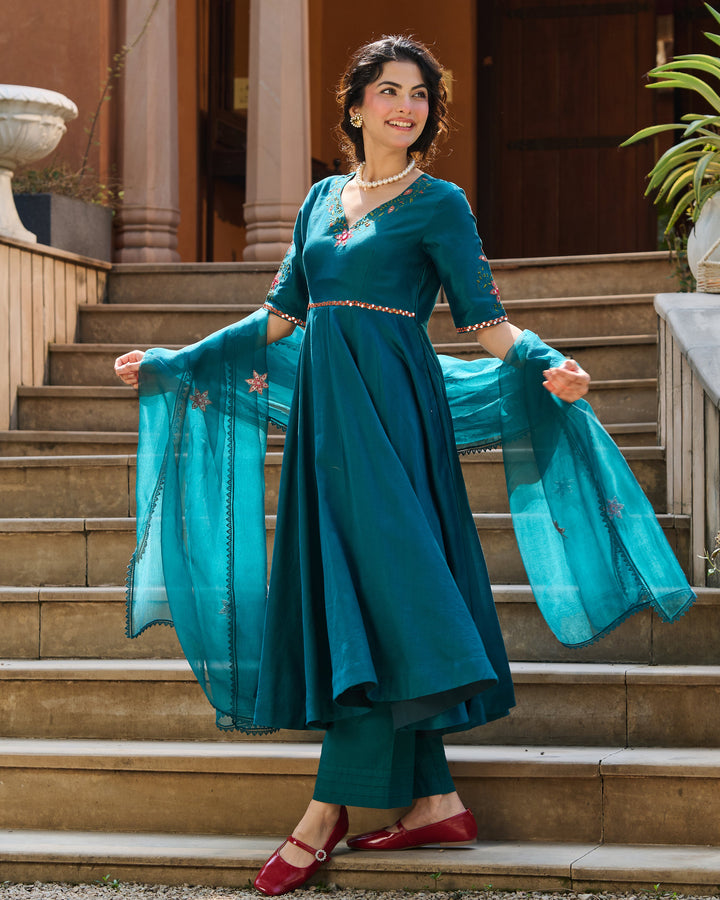 Aavya Green Embroidered Roman Silk Suit Set