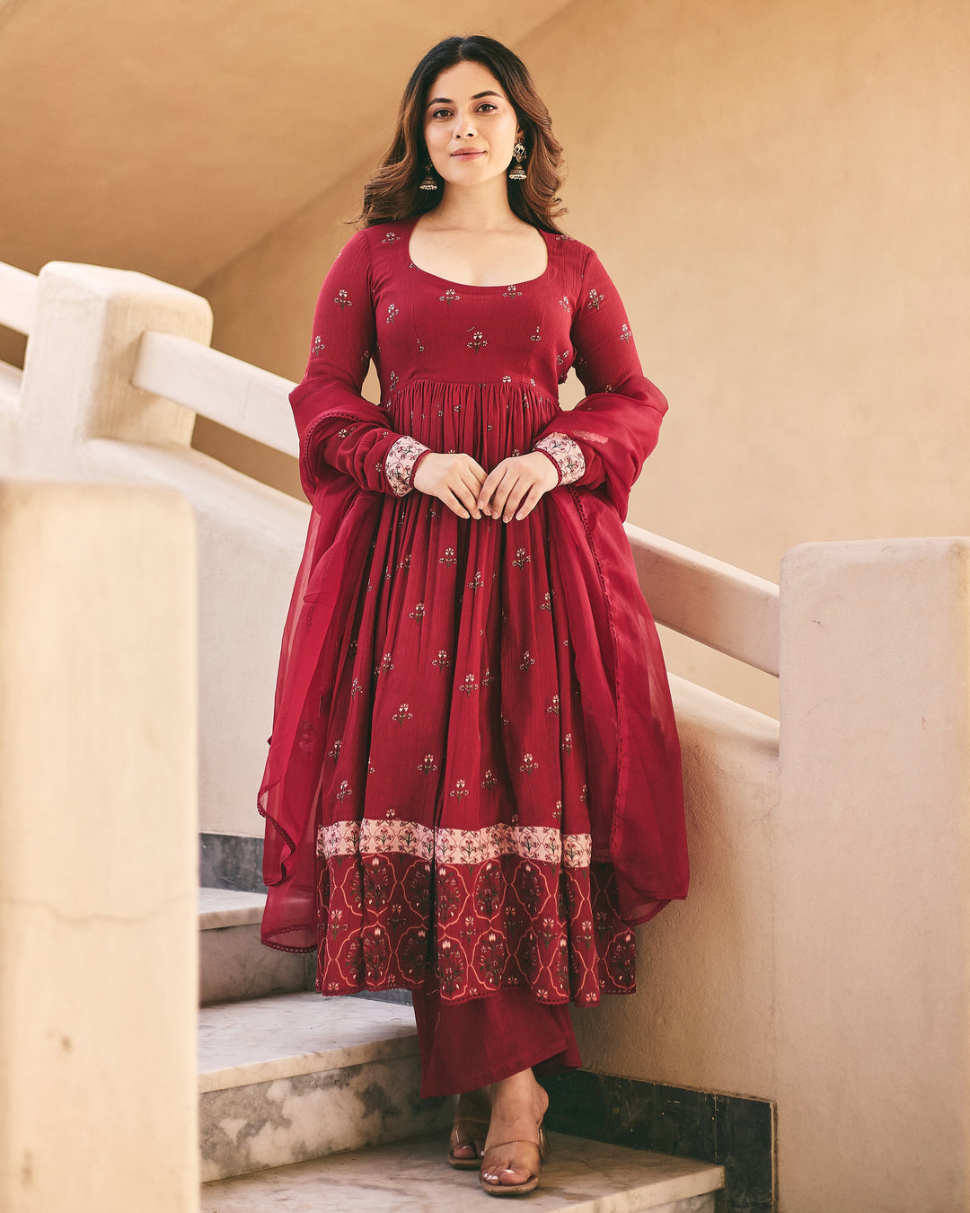 Sara Maroon Cotton Crush Printed Suit Set
