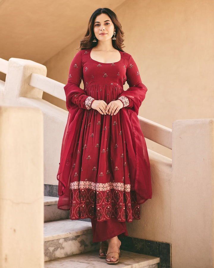 Sara Maroon Cotton Crush Printed Suit Set
