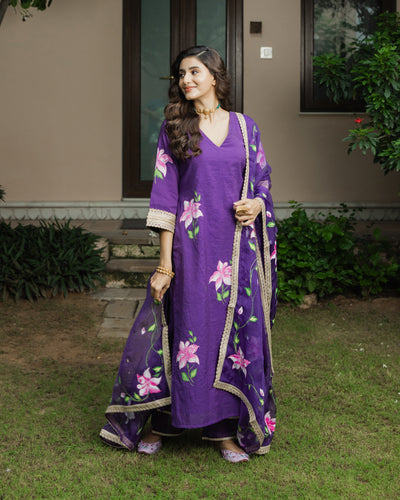 Kanchan Purple Handpainted Chanderi Suit Set