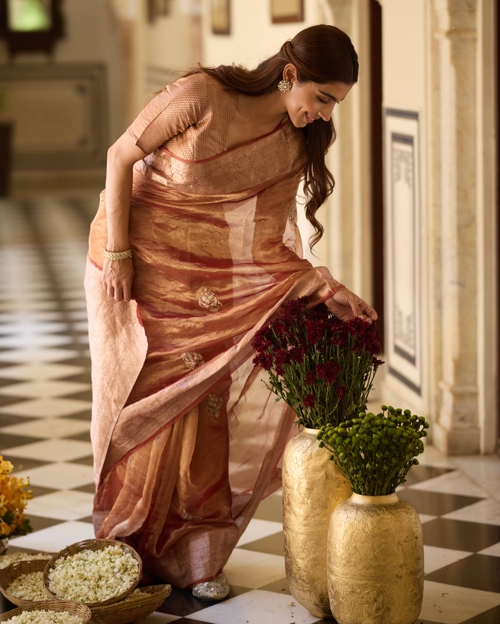 Damini Rust Orange Handcrafted Tissue Saree