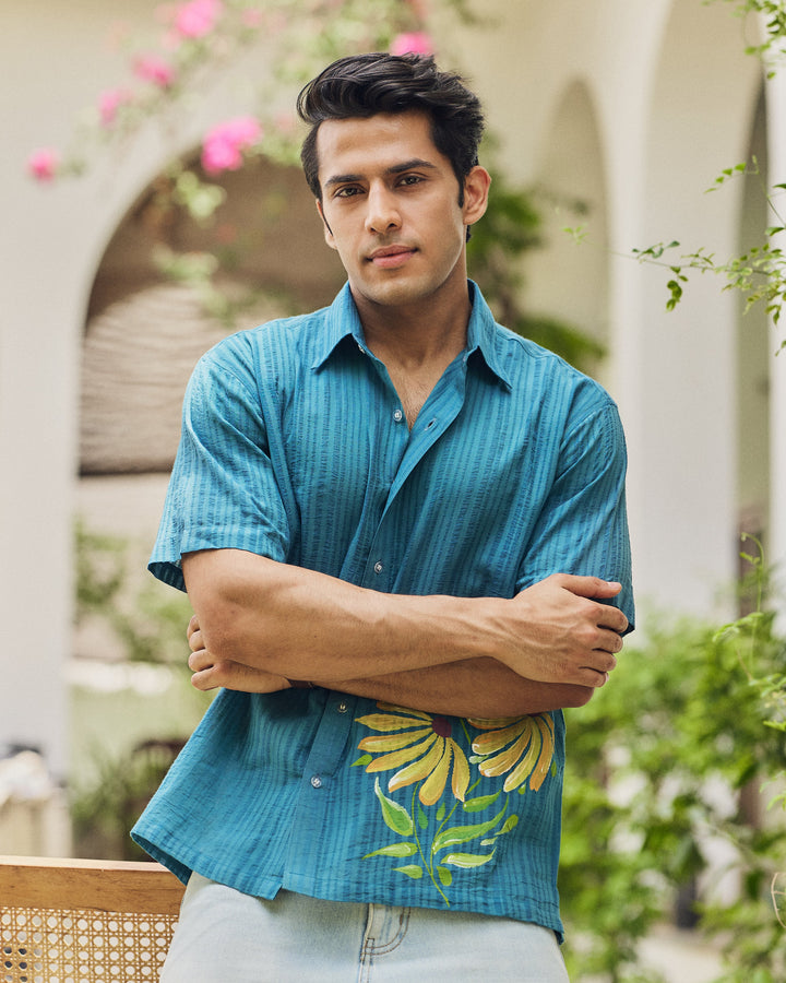 Mohan Teal Cotton Dobby Handpainted Shirt