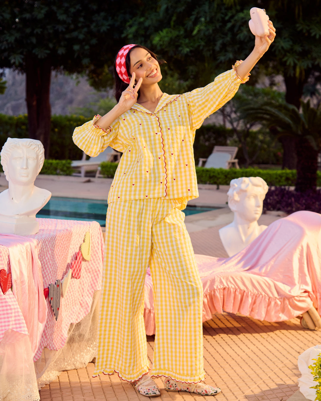 Bianca Yellow Embroidered Cotton Checks Loungewear