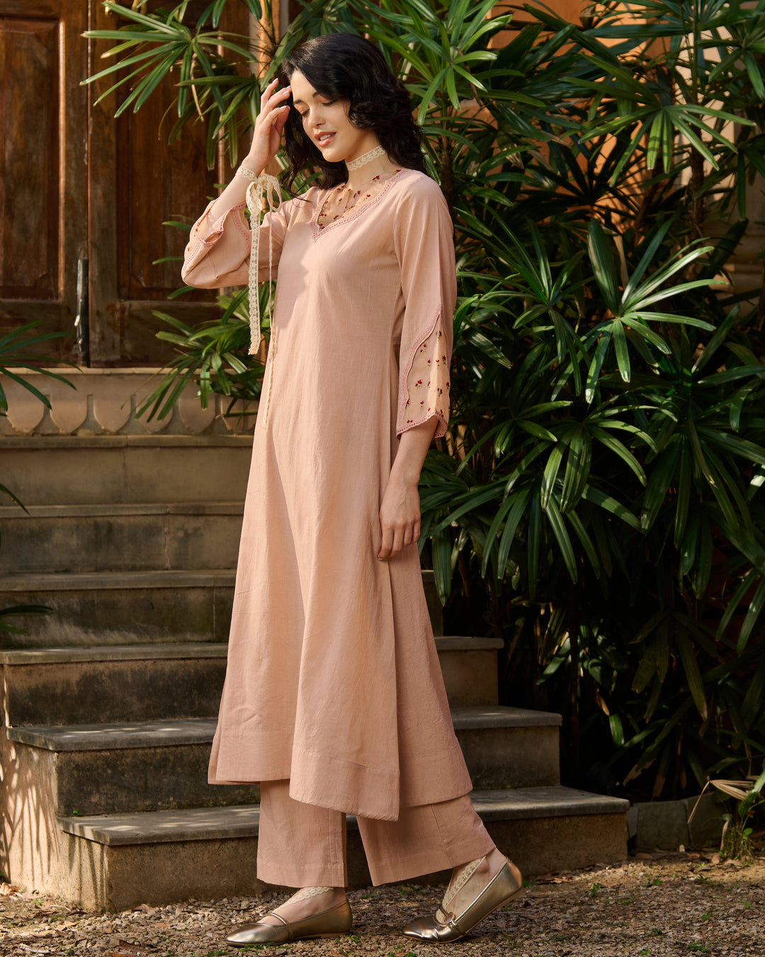 Zeena Peach Embroidered Cotton Kurta Set