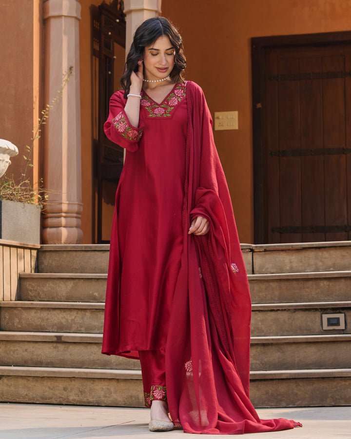 Solar Maroon Embroidered Roman Silk Suit Set