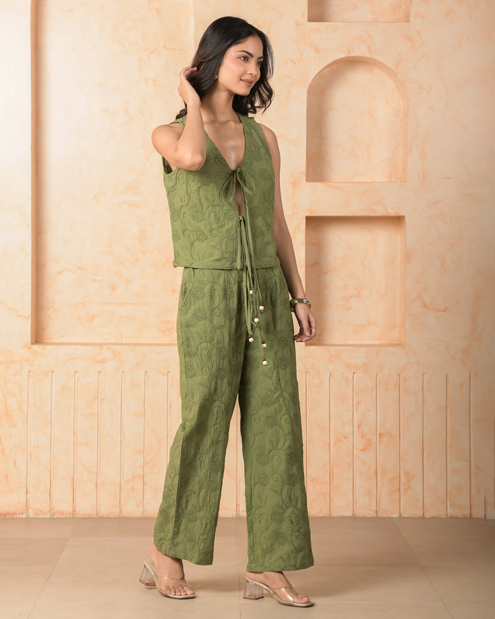 Tourmaline Olive Solid Cotton Schiffli Coord Set