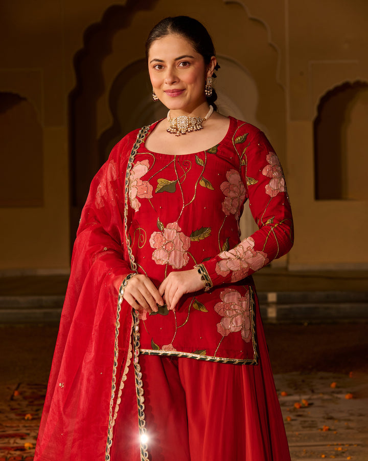 Azmat Maroon Printed Viscose Organza Suit Set
