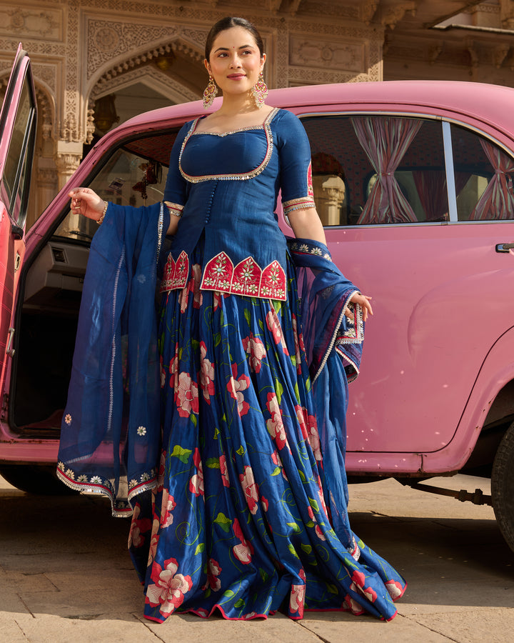 Taj Blue Printed Chanderi Lehenga Set
