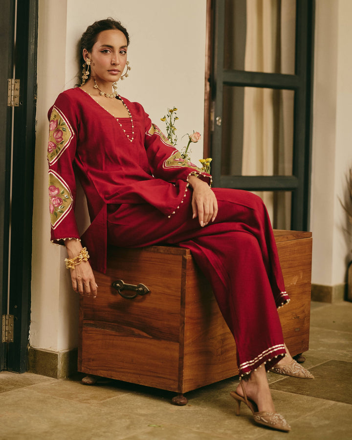 Chitrali Maroon Handpainted Chanderi Coord Set