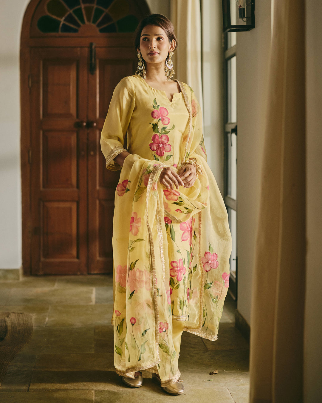 Varnaya Yellow Handpainted Viscose Organza Suit Set