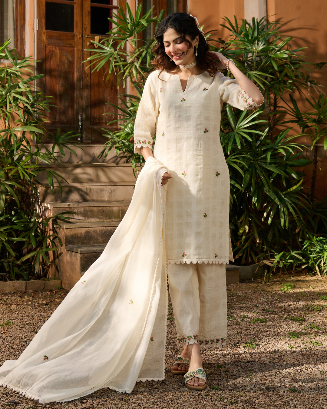 Vayu Off White Embroidered Cotton Checks Suit Set