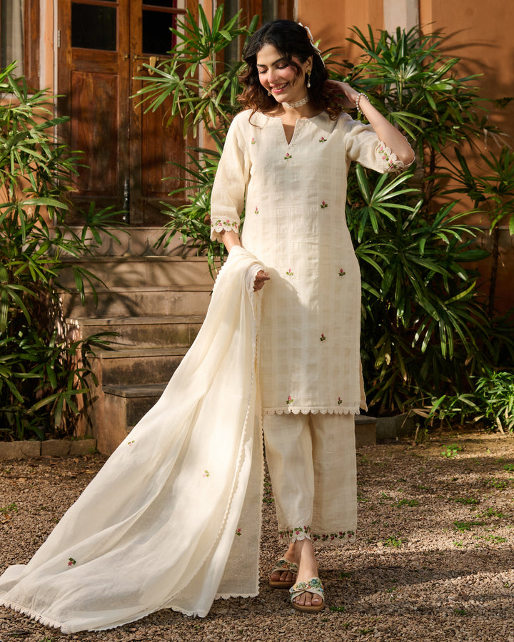 Vayu Off White Embroidered Cotton Checks Suit Set