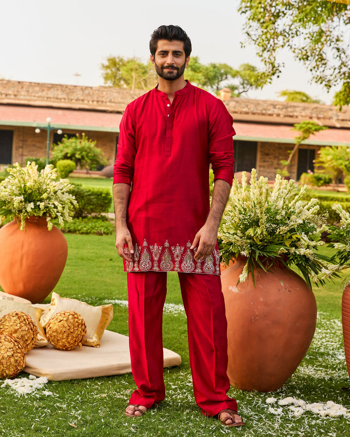 Aarambh Red Chanderi Embroidered Kurta